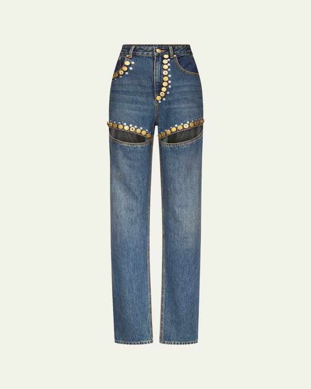 Crystal Button Studded Slit Straight-Leg Jeans